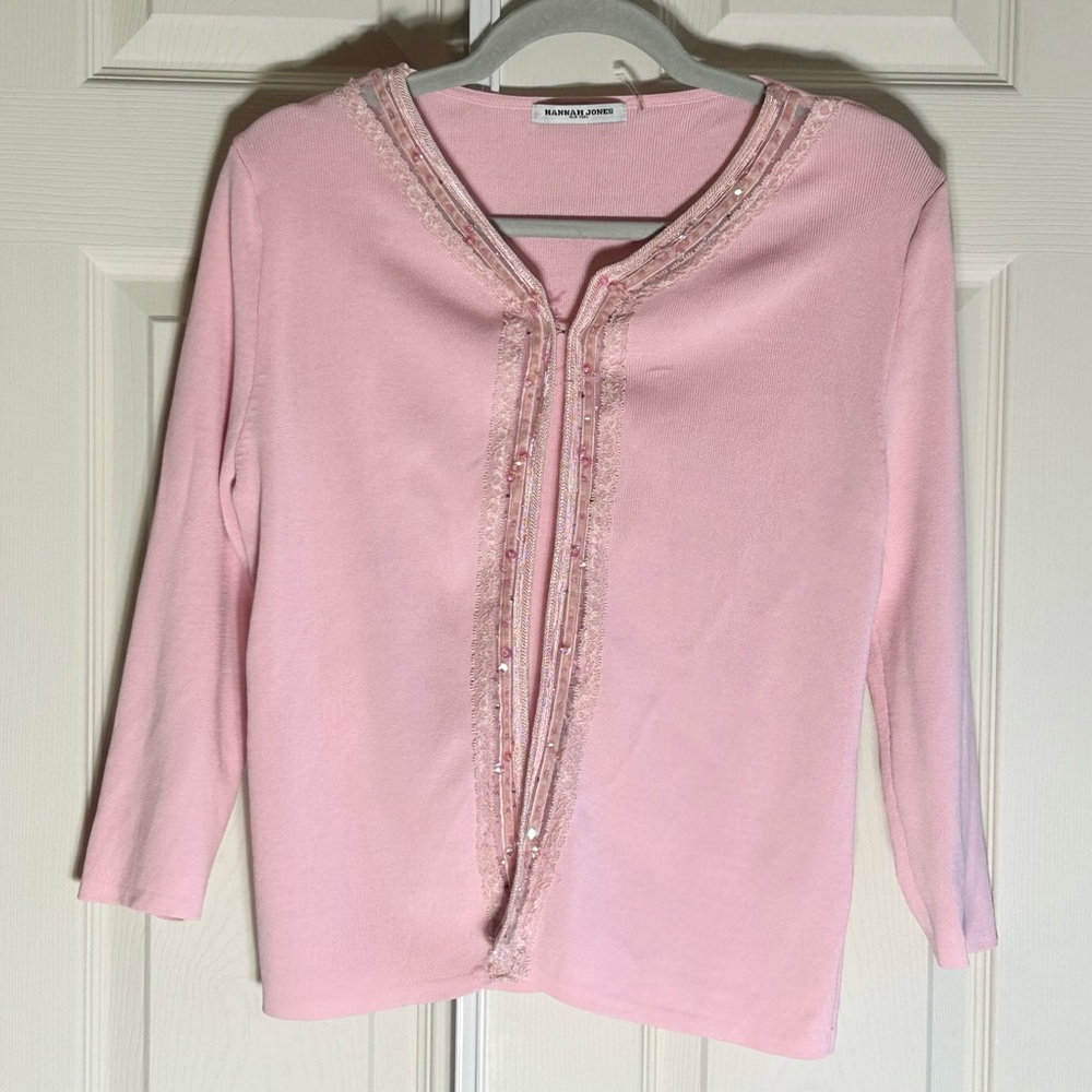 Hannah Jones New York Pink Cardigan with Beaded Trim Women’s Size Medium